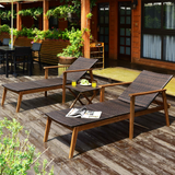 Tangkula 3 Pieces Outdoor Chaise Set, Wicker Rattan Lounge Chair w/Acacia Wood Frame & 4 Adjustable Positions