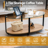 Tangkula Glass Coffee Table, 2 Tier Oval Tea Table with Tempered Glass Tabletop and Wooden Shelf