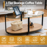 Tangkula Glass Coffee Table, 2 Tier Oval Tea Table with Tempered Glass Tabletop and Wooden Shelf