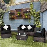 6 Pieces Patio Rattan Sectional Furniture Set, Outdoor Wicker Conversation Set with Glass Coffee Table Sofa Ottoman