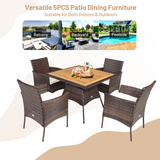 Tangkula 5 Pieces Wicker Patio Dining Set, Outdoor Acacia Wood Dining Furniture with 4 Armrest Chairs & 1 Dining Table