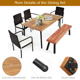 Tangkula 6 Pieces Patio Dining Set, Outdoor Acacia Wood and Wicker Furniture Set w/2.16" Hole