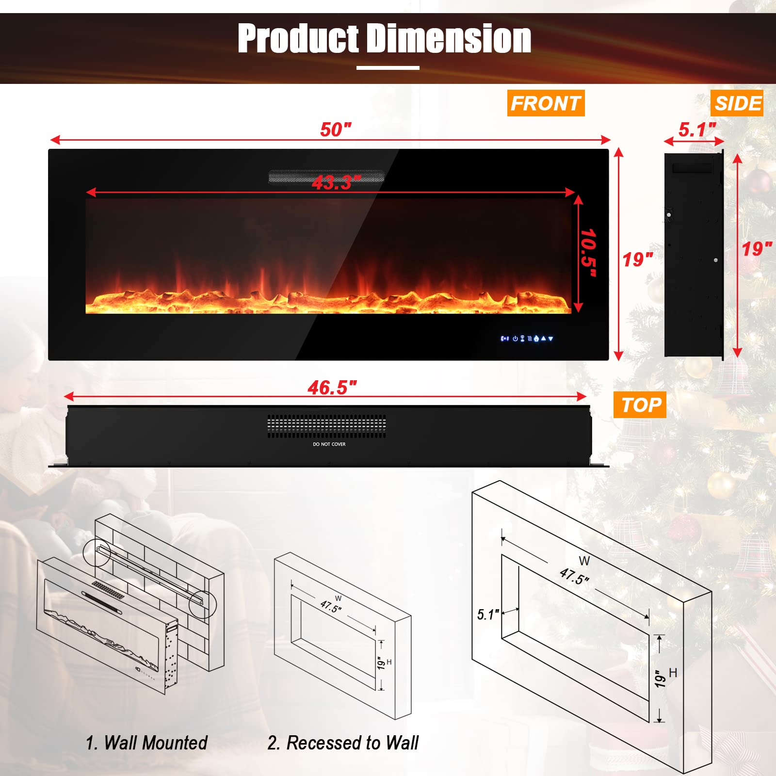 50 Inches Electric Fireplace Insert - Tangkula