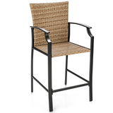 Tangkula Patio Rattan Bar Stools Set of 4, Outdoor Wicker Bar Height Chairs