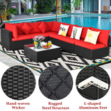 Tangkula 7 Piece Patio Furniture Set, Outdoor Sectional Sofa w/Pillows and Cushions, Wicker Sofa Conversation Set with Coffee Table