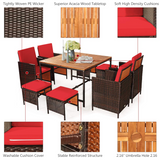Tangkula 9 Pieces Acacia Wood Patio Dining Set, Space Saving Wicker Chairs and Wood Table with Umbrella Hole Outdoor Furniture Set