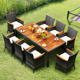 Tangkula 9 Pieces Patio Dining Set, Garden Acacia Wood and Wicker Furniture Set with 1 Rectangular Table & 8 Chairs with Cushions