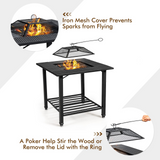Tangkula 4 in 1 Outdoor Fire Pit, Heavy Duty Metal Square Wood Burning Fire Pit with Spark Screen Cover