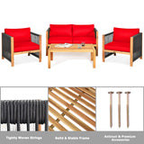 Outdoor Wood Furniture Set, Acacia Wood Frame Loveseat Sofa, 2 Single Chairs and Coffee Table