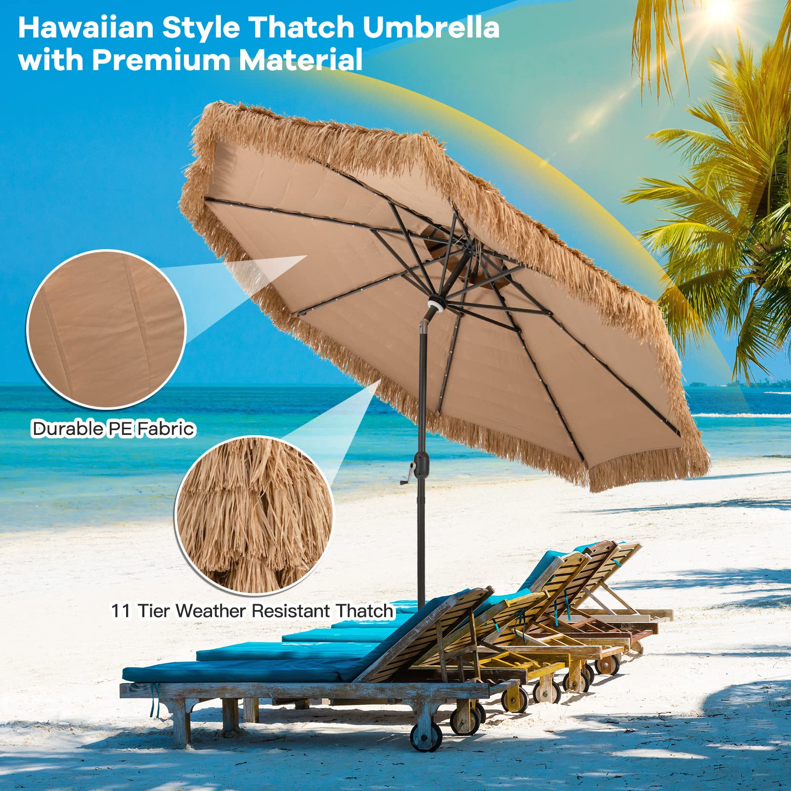 hawaiian style beach patio umbrella Tangkula 10 ft Thatched Patio Umbrella, 2 Tier Hawaiian Style Grass Beach Umbrella with 32 Led Lights