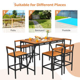 7-Piece Outdoor Acacia Wood Bar Set, Patiojoy Outdoor Rattan High-Dining 6 Bar Stools and 1 Rectangular Table with Umbrella Hole