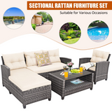 Tangkula 4 Pieces Rattan Conversation Set, Patiojoy Outdoor Furniture Set with Cushions, Lounge Sofa Set with Coffee Table