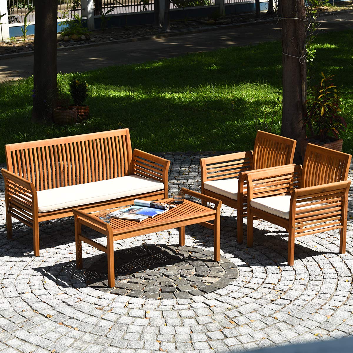 Outdoor Acacia Wood Sofa Set Padded Patio Conversation Set Tangkula tangkula