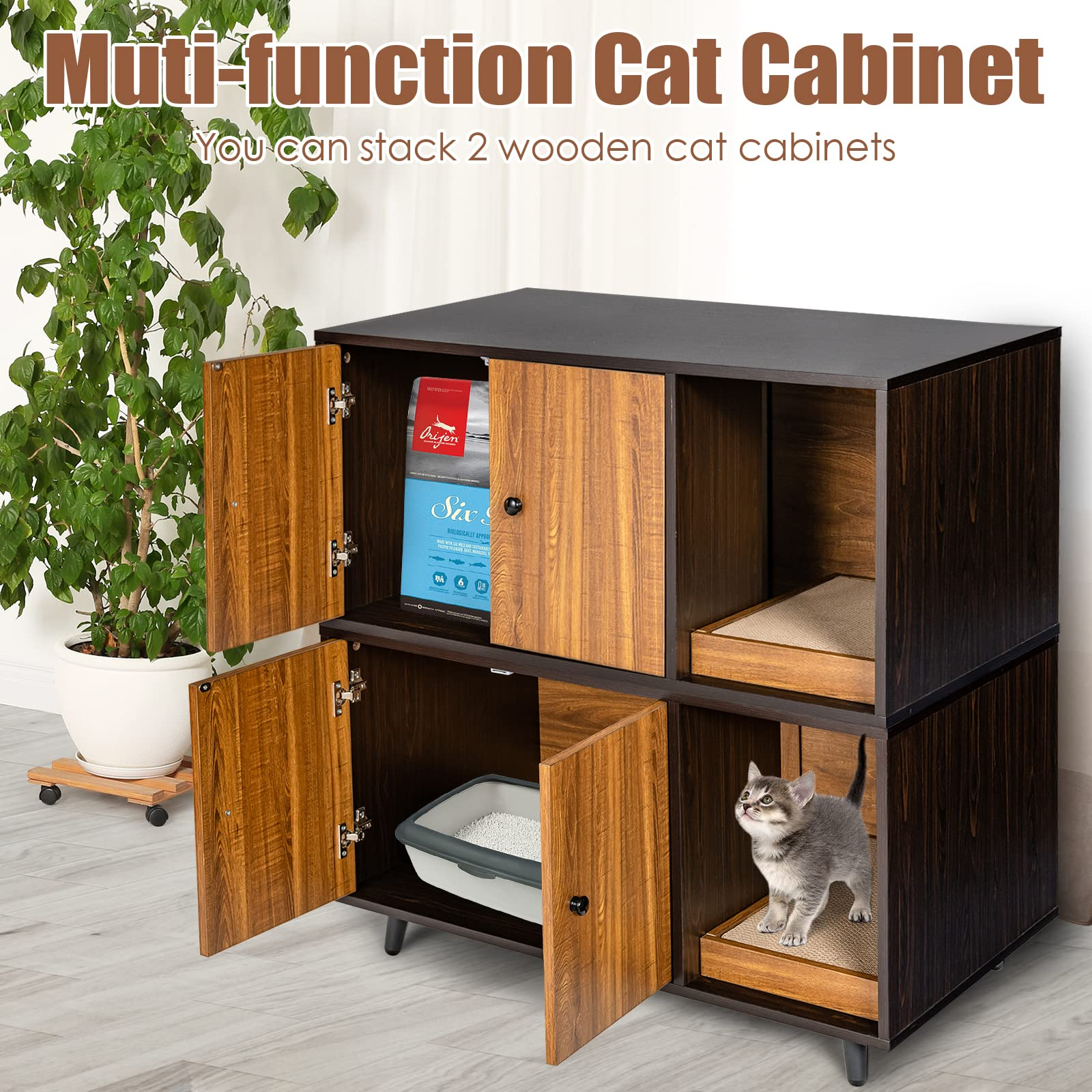 Cat Litter Box Enclosure, Cat Washroom W/Divider - Tangkula