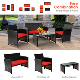 Tangkula 4 Pieces Rattan Furniture Set, Outdoor Conversation Set w/Chair & Loveseat & Tempered Glass Coffee Table