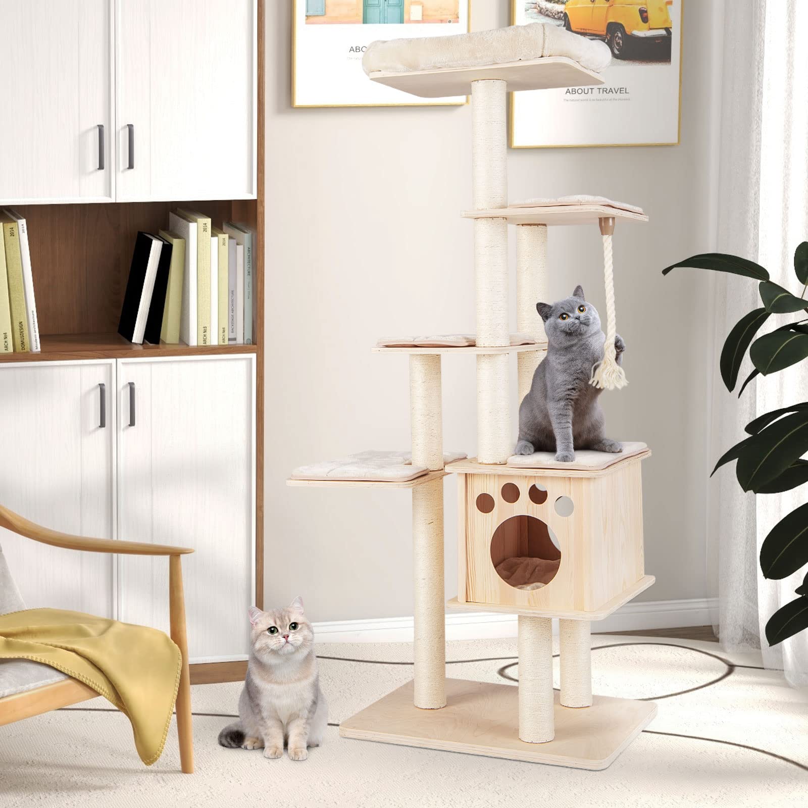Tangkula Modern Wood Cat Tree, 67 Inch MultiLevel Tall Cat Tree Tower
