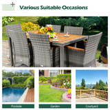 Tangkula 7 Pieces Outdoor Dining Furniture Set, Patio Rattan Conversation Set with Spacious Acacia Wood Table, 6 Chairs with Widened Armrests