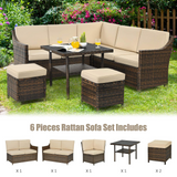 Tangkula Wicker Outdoor Dining Set, 6 Piece PE Rattan Wicker Sectional Corner Sofa Set with Dining Table, 2 Ottomans, Suitable for Garden