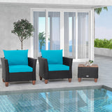 Tangkula 3 Pieces Patio Porch Furniture Set, PE Rattan Wicker Chair Conversation Set with Cushions and Storage Table