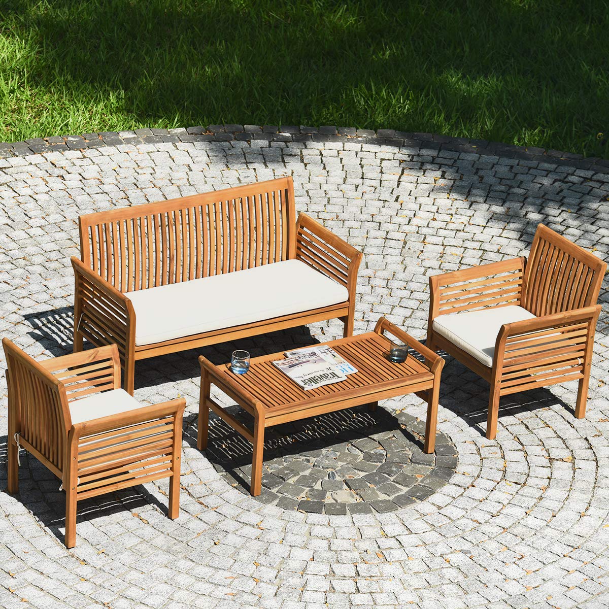 Tangkula 4 Piece Outdoor Acacia Wood Sofa Set