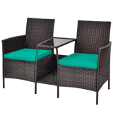PE Wicker Outdoor Furniture Set, 2 Cushioned Seats and Tempered Glass Table