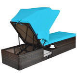 Outdoor Chaise Lounge Chair with Folding Canopy, Adjustable Cushioned Reclining Chair with Flip-up Tea Table