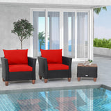 Tangkula 3 Pieces Patio Porch Furniture Set, PE Rattan Wicker Chair Conversation Set with Cushions and Storage Table
