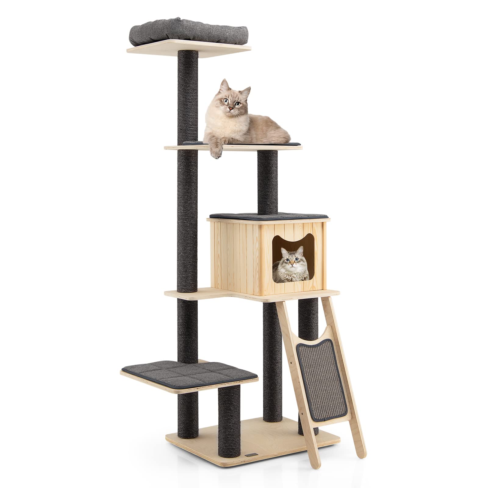 Tangkula 69 Inch Modern Cat Tree, 5-Tier Wood Cat Tower with Scratching Sisal Posts