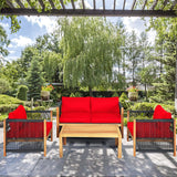 Outdoor Wood Furniture Set, Acacia Wood Frame Loveseat Sofa, 2 Single Chairs and Coffee Table