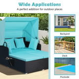 Tangkula Patio Rattan Daybed, Patiojoy Wicker Daybed Loungerw/Retractable Canopy, 2 Foldable Side Panels