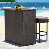 Tangkula Patio Bar Set, 3 Piece Outdoor Rattan Wicker Bar Set with 2 Cushions Stools & Glass Top Table