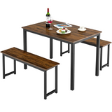 Tangkula Moccha Dining Table Set for 4, 3-Piece Modern Breakfast Table Set with 2 Benches & Metal Frame