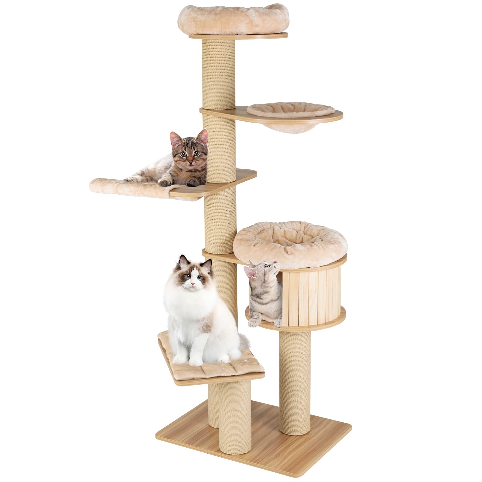Tangkula Modern Cat Tree, Multi-Level Large Cat Tower w/Cat Condo, Hammocks & Hanging Basket for Indoor Large Cats
