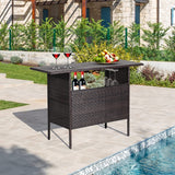 Tangkula Outdoor Wicker Bar Table with 2 Metal Mesh Shelves & 2-Rail Steel Stemware Racks(Mix Brown)