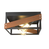 Flush Mount Ceiling Light, Rustic Flush Mount Light with Iron & Wood Square Shade & 2 Angle Adjustable Lights
