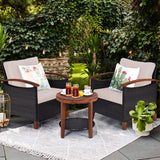 3 Pieces Patio Furniture Set, Outdoor Rattan Sofa and Side Table w/Solid Acacia Wood Frame