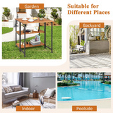 Patio Acacia Wood Folding Table, Outdoor Dining Table with 2 Storage Shelves and Steel Frame