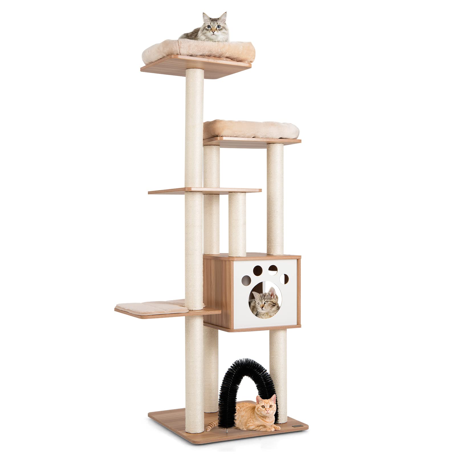 Tangkula Modern Cat Tree for Indoor Cats, 69.5 Inches Tall Cute Cat Tree with 2 Top Plush Perches