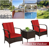 Tangkula 3 Piece Patio Furniture Set, 2 Wicker Chairs with Glass Top Coffee Table