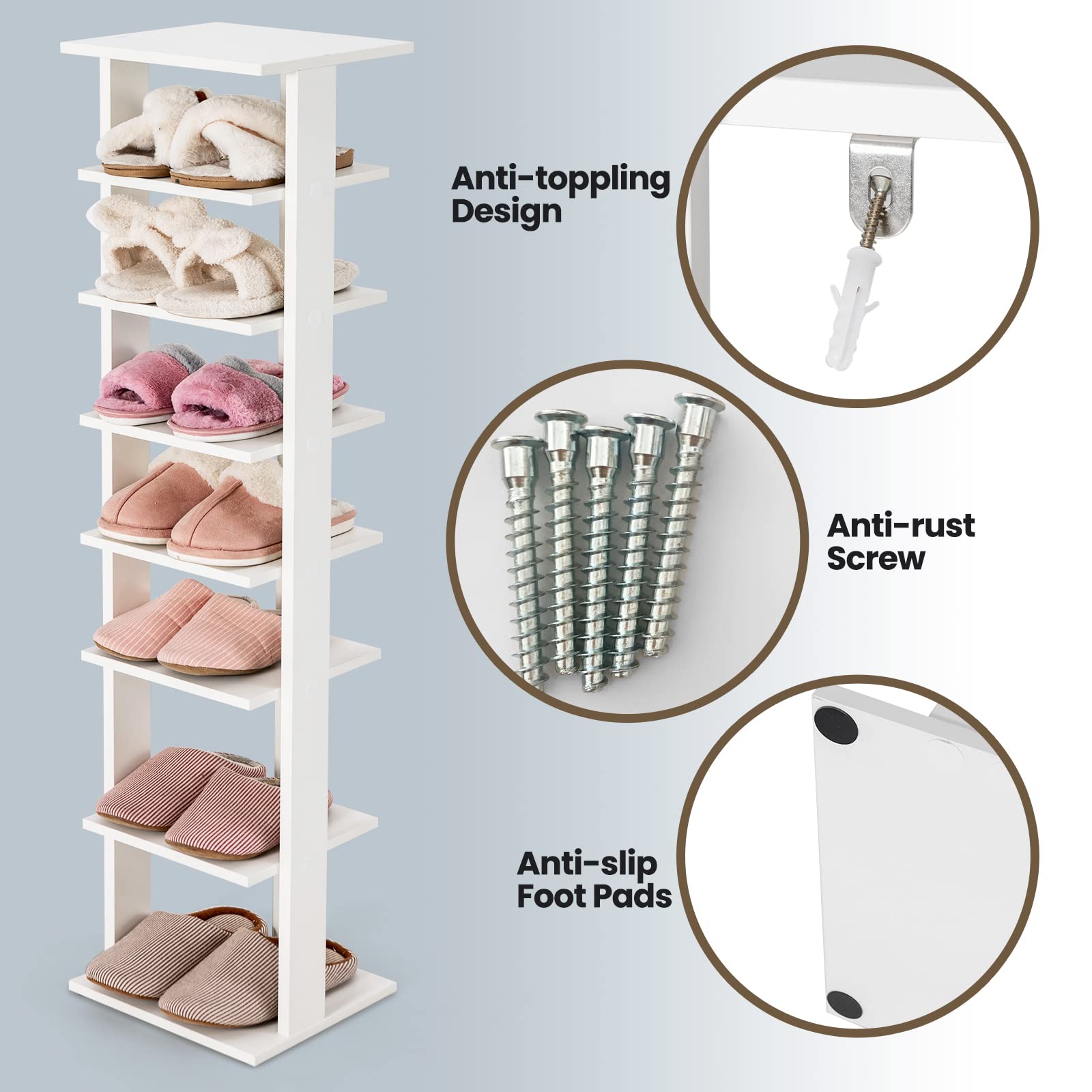 Tangkula 7-Tier Wooden Shoe Rack Narrow Vertical Shoe Stand Storage Display  Shelf White