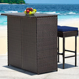 Tangkula Patio Bar Set, 3 Piece Outdoor Rattan Wicker Bar Set with 2 Cushions Stools & Glass Top Table