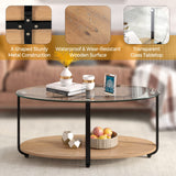 Tangkula Glass Coffee Table, 2 Tier Oval Tea Table with Tempered Glass Tabletop and Wooden Shelf