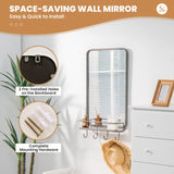Tangkula Bathroom Mirror w/ Shelf & 4 Hooks, 33" x 19" Rectangle Vanity Mirror