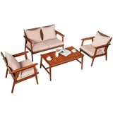 4/8PCS Patio Wood Sofa Set, Outdoor Acacia Wood Seating Chat Set with Cushions & Coffee Table