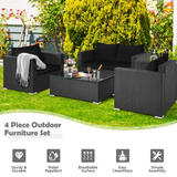 Patio Rattan Conversation Furniture Set, Outdoor Wicker Sofa Set with Padded Cushion & Tempered Glass Coffee Table