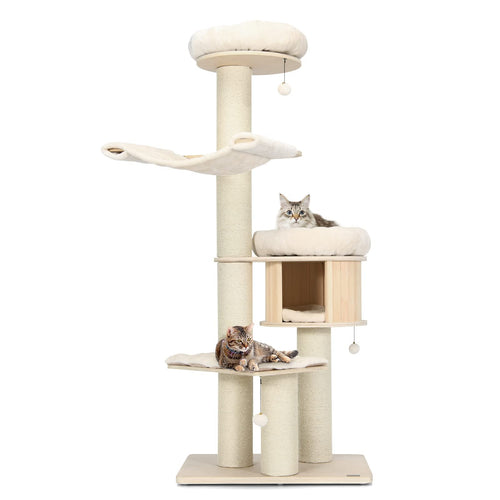 Tangkula Modern Cat Tree,  68.5" Multi-Level Large Cat Tower w/Cat Condo, Hammocks & Hanging Basket
