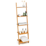 Tangkula Bamboo 5-Tier Ladder Shelf Bookshelf, Wall-Leaning Bookshelf