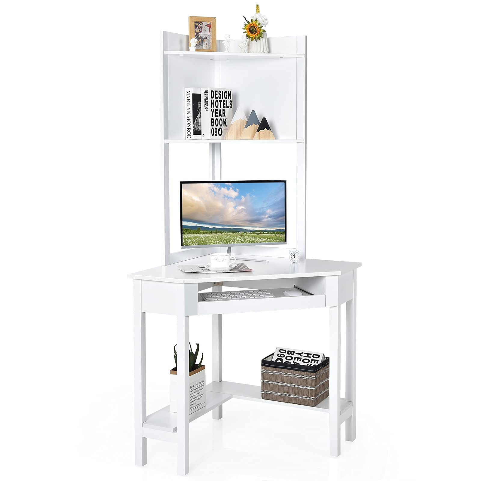 White Corner Desk with Hutch - Tangkula